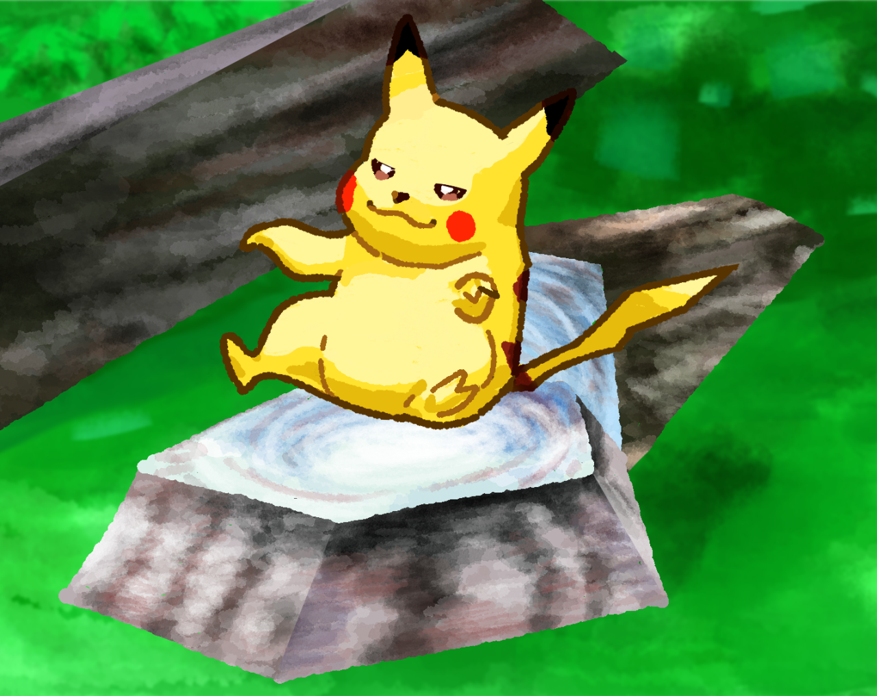 A drawing of Pikachu from Pokemon Snap sitting on a log.