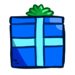A blue gift box with a green bow.