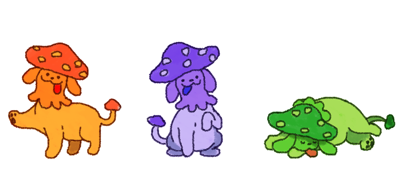 Three mushroom dogs known as Mushpup.