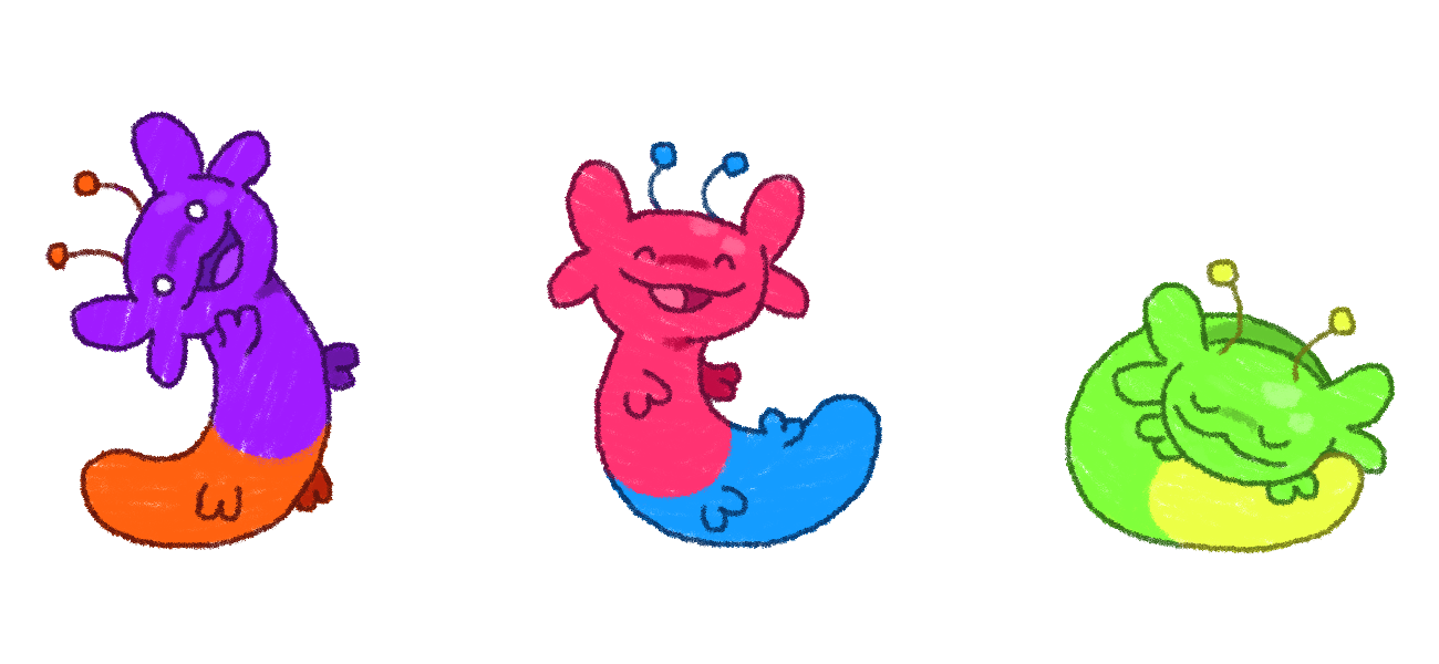 Three gummy axolotls called Woobi.